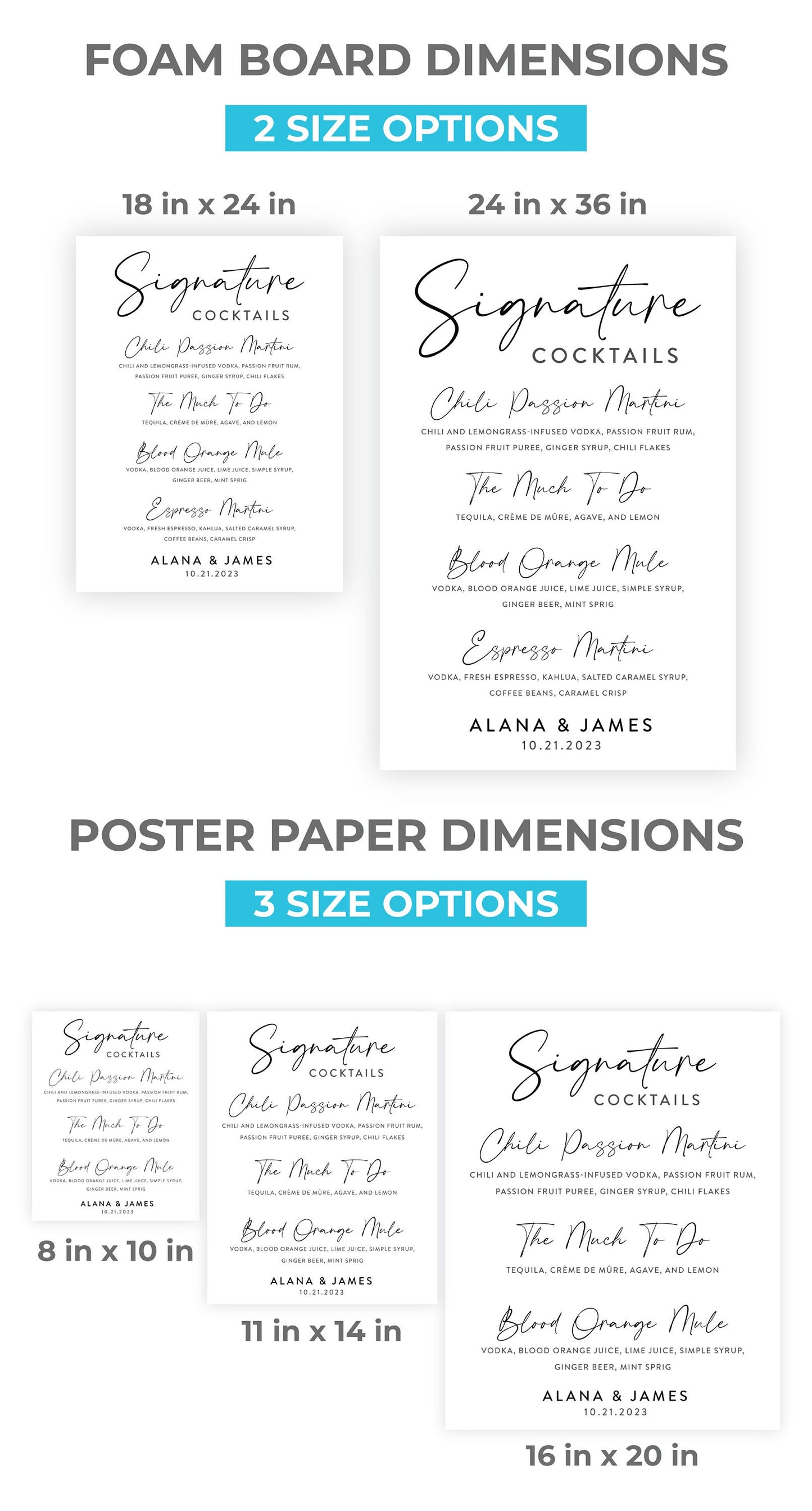 Minimalistic Wedding Signature Drinks, Personalized Wedding Bar Menu Sign, Party Decorations, Reception Poster, Wedding Decor, Rehearsal