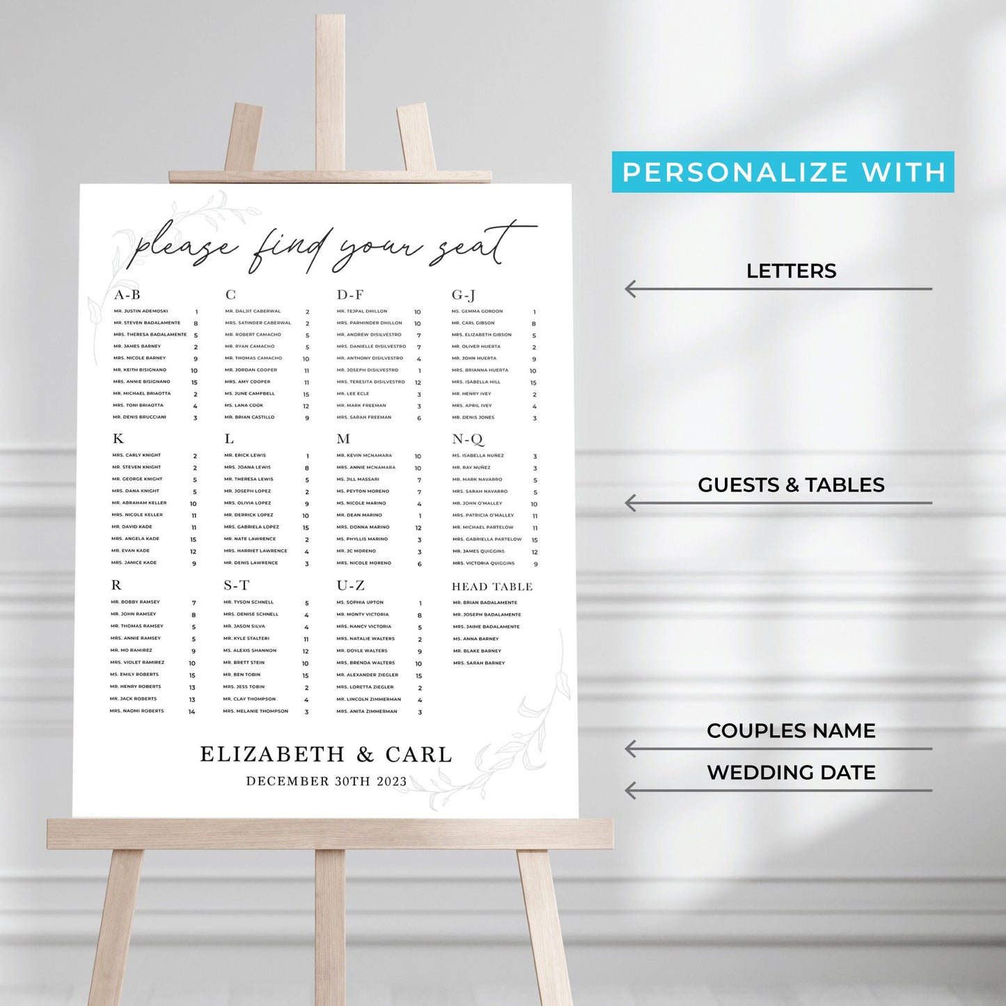 Alphabetical Wedding Seating Chart, Wedding Welcome Sign, Personalized Party Decorations, Wedding Decor, Rehearsal Sign, Reception Poster