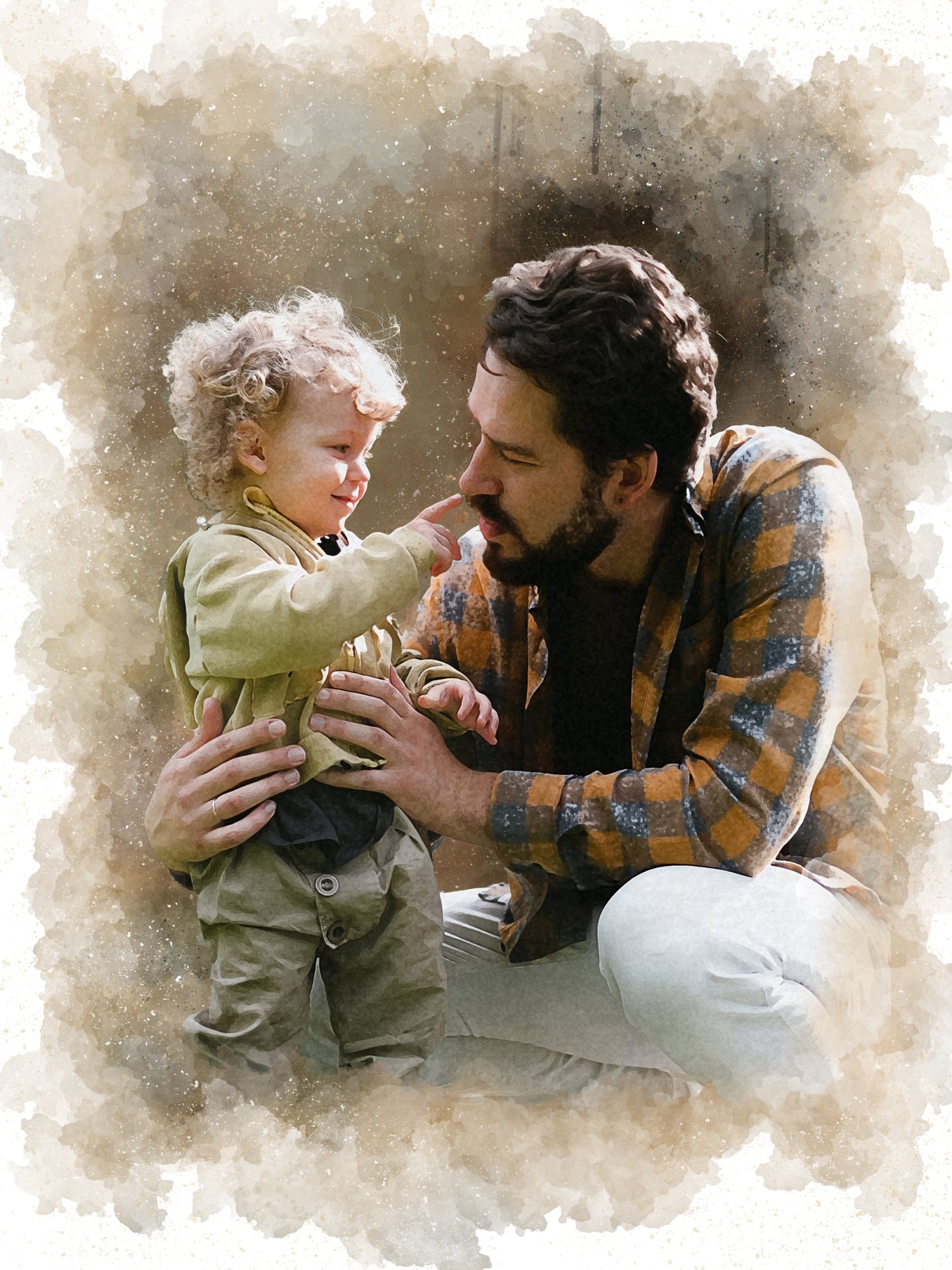 Custom Dad With Son Watercolor Canvas Portrait from Photo