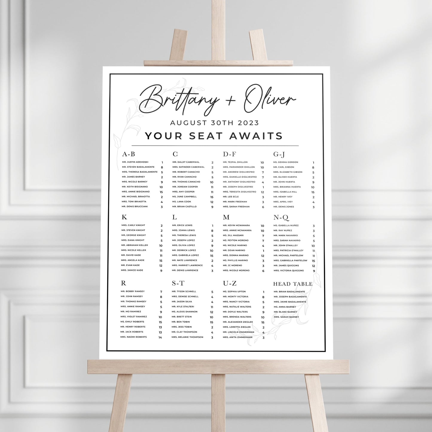 Alphabetical Personalized Wedding Seating Chart