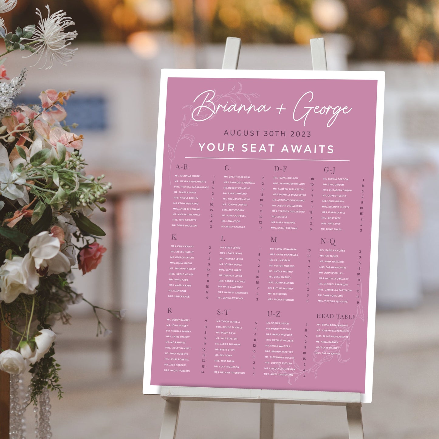Alphabetical Personalized Wedding Seating Chart