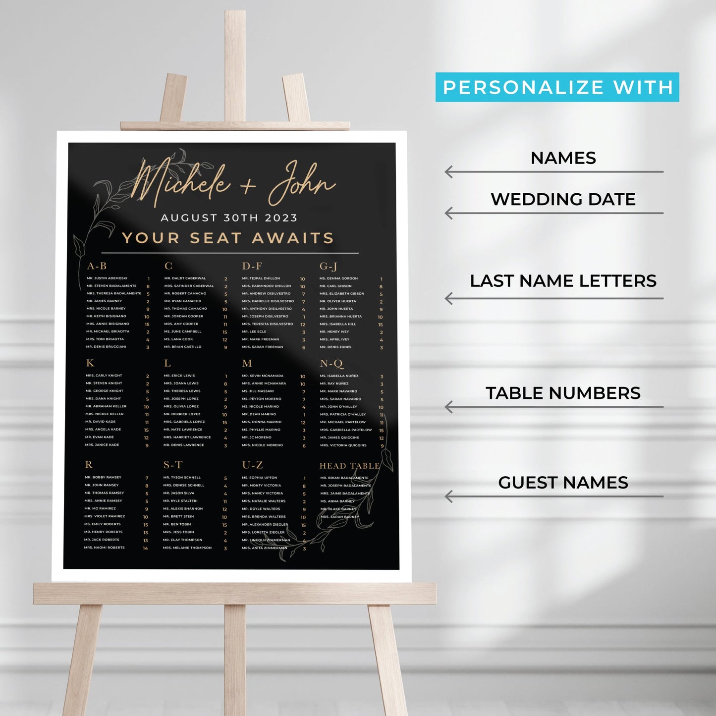 Alphabetical Personalized Wedding Seating Chart