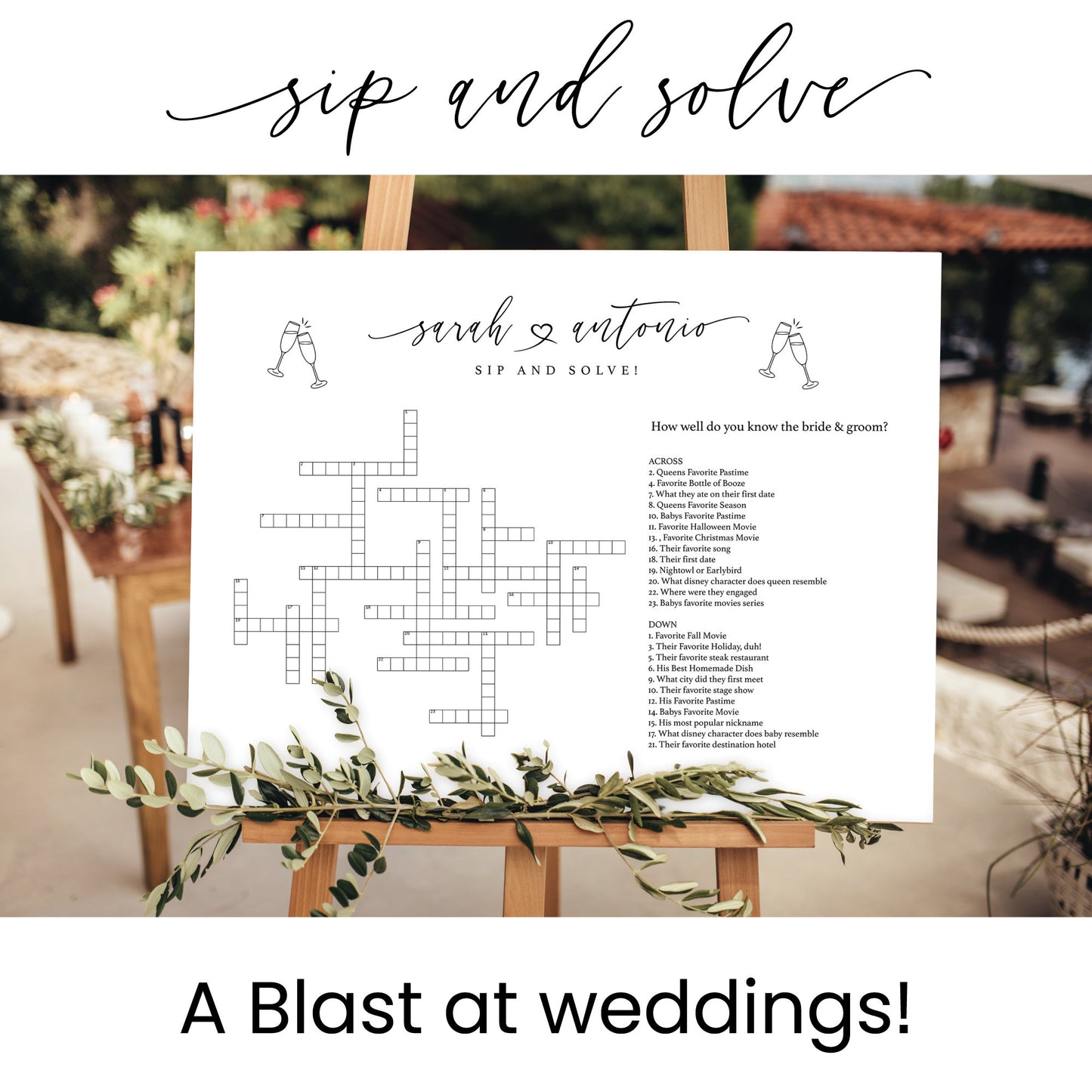 Sip and Solve Wedding Sign, Printed Custom Extra Large Wedding Crossword Puzzle, Boho Wedding Game Crosswords, Wedding Entertainment