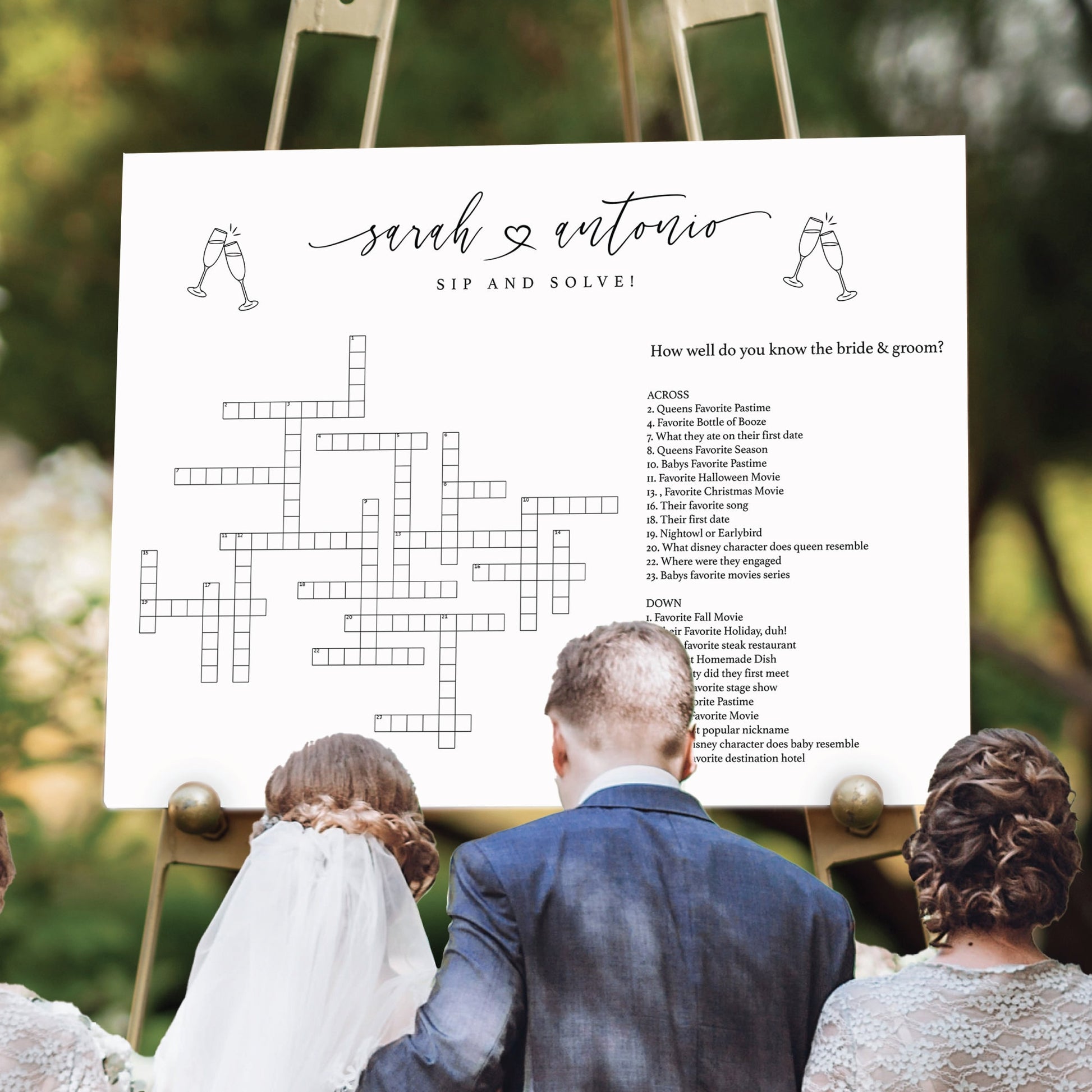Sip and Solve Wedding Sign, Printed Custom Extra Large Wedding Crossword Puzzle, Boho Wedding Game Crosswords, Wedding Entertainment