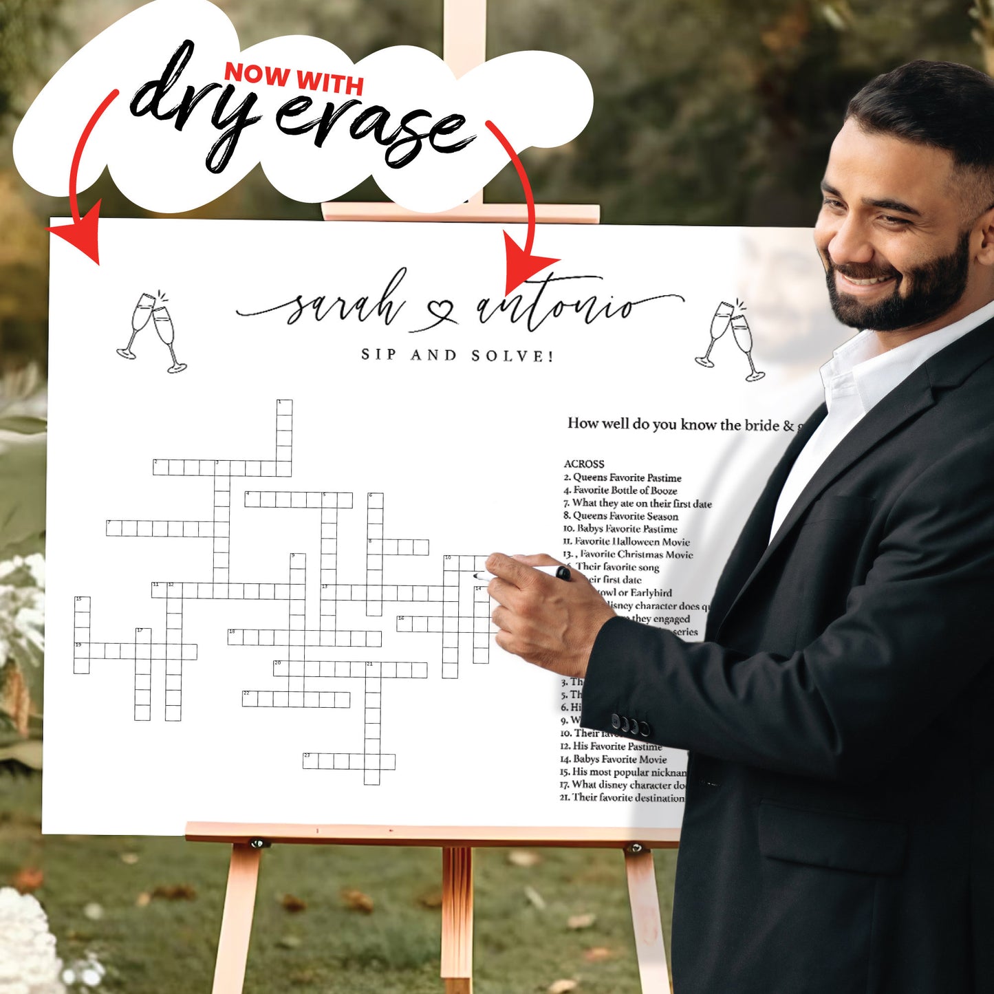 Sip and Solve Wedding Sign, Printed Custom Extra Large Wedding Crossword Puzzle, Boho Wedding Game Crosswords, Wedding Entertainment