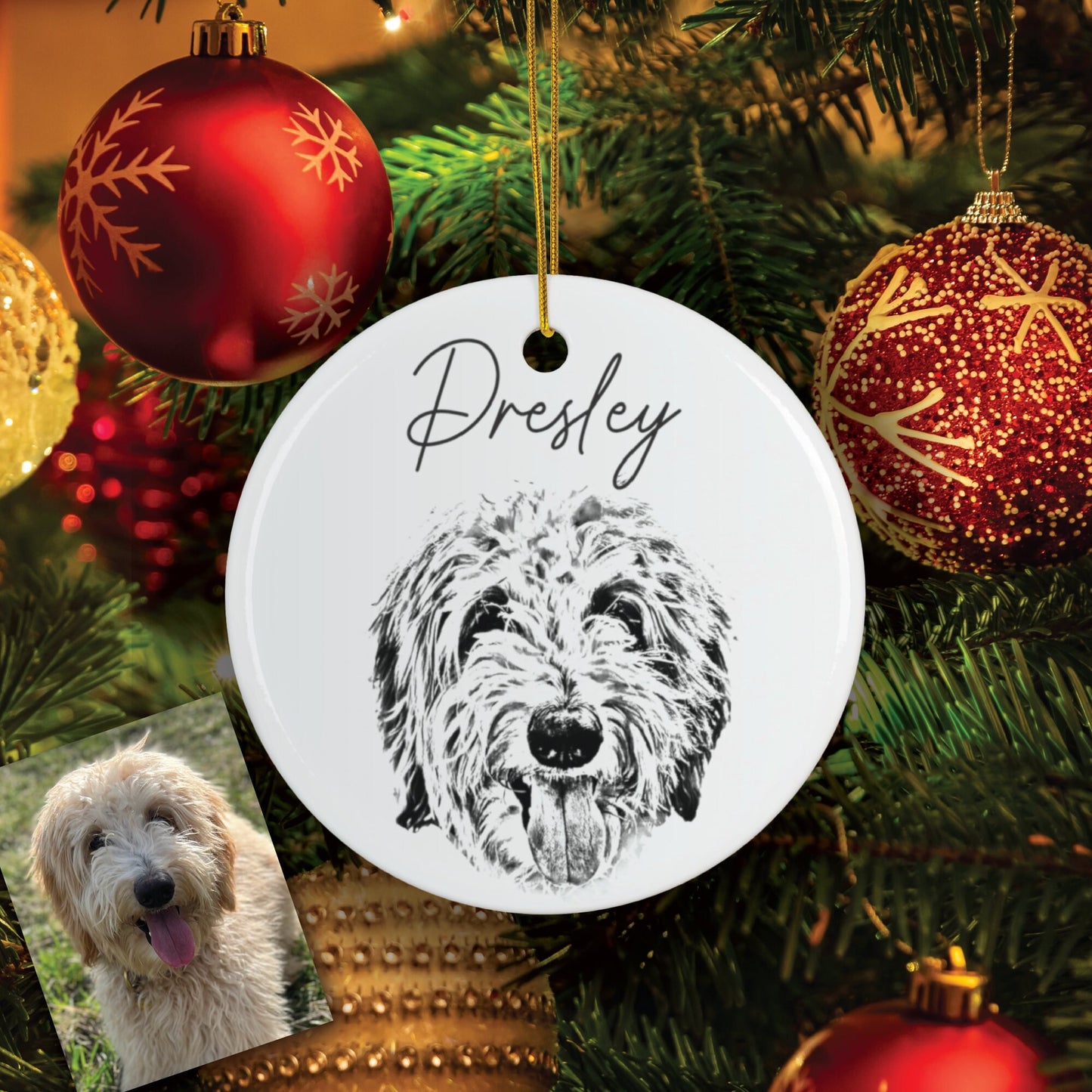 Custom Sketch Dog Christmas Ornament, Personalized Pet Portrait from Photo, Cat Christmas Photo, Pet Portrait Name Gift, Pet Lovers Ornament