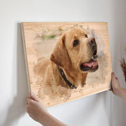 Pet Portrait on Wood Watercolor Style Dog Wall Art, Engraved Personalized Portrait from Photo as a Cat Lover Gift, Custom Photo on Wood