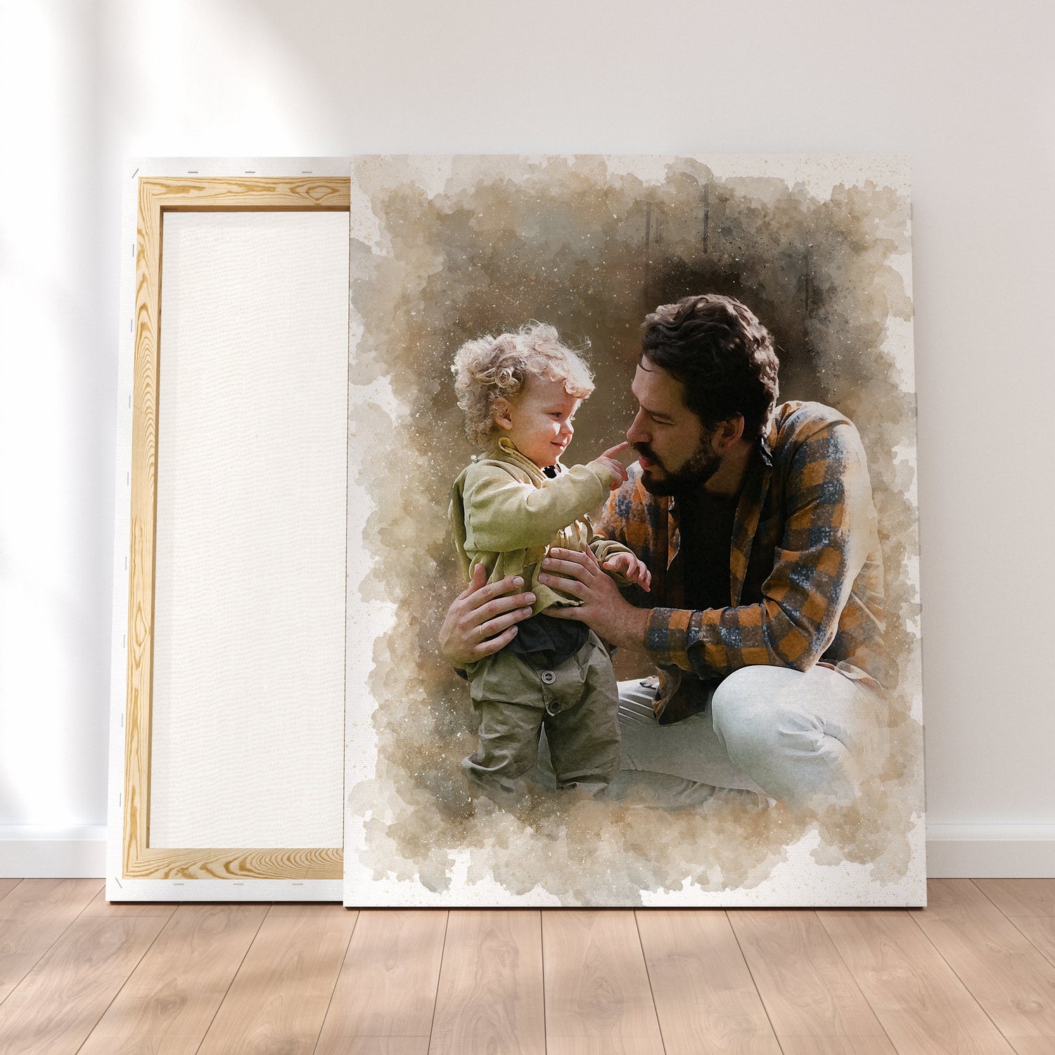 Custom Dad With Son Watercolor Canvas Portrait from Photo