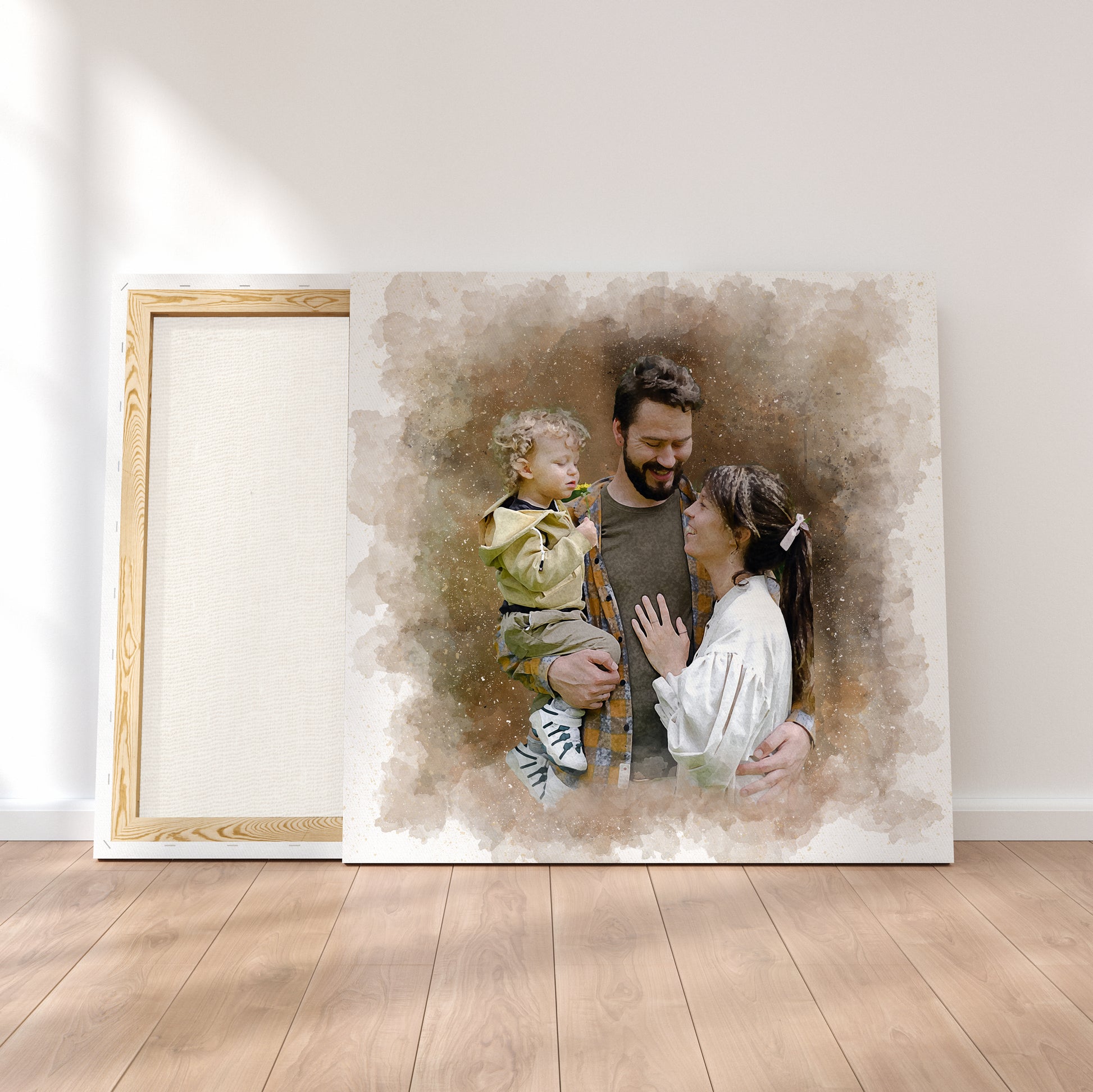 Custom Dad With Children Watercolor Canvas Portrait from Photo 2 Mock