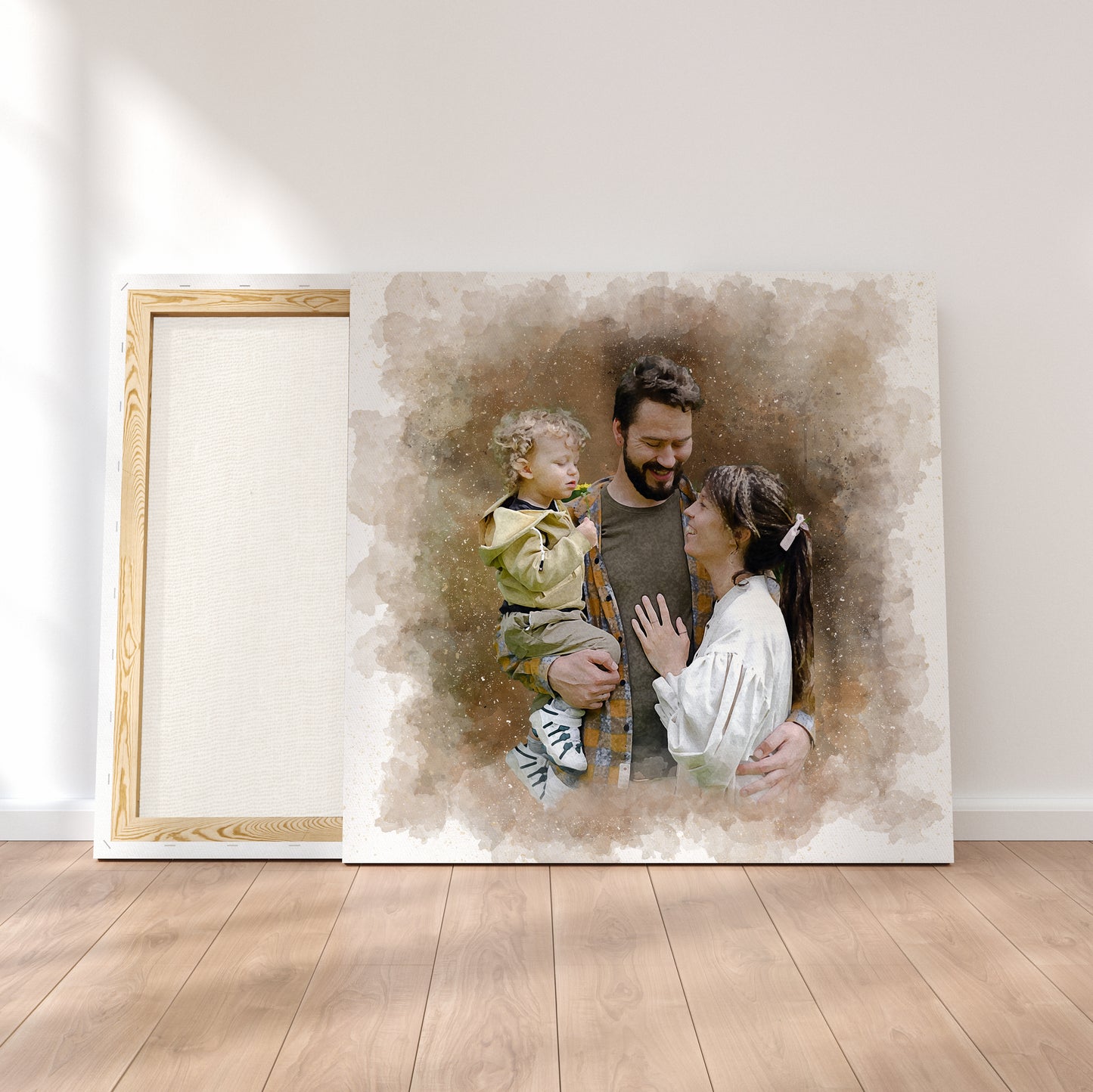 Custom Dad With Children Watercolor Canvas Portrait from Photo 2 Mock